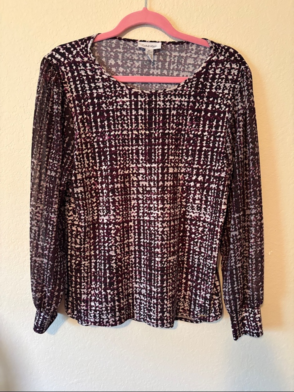 Calvin Klein sheer Long Sleeve Printed Top in Plum and White